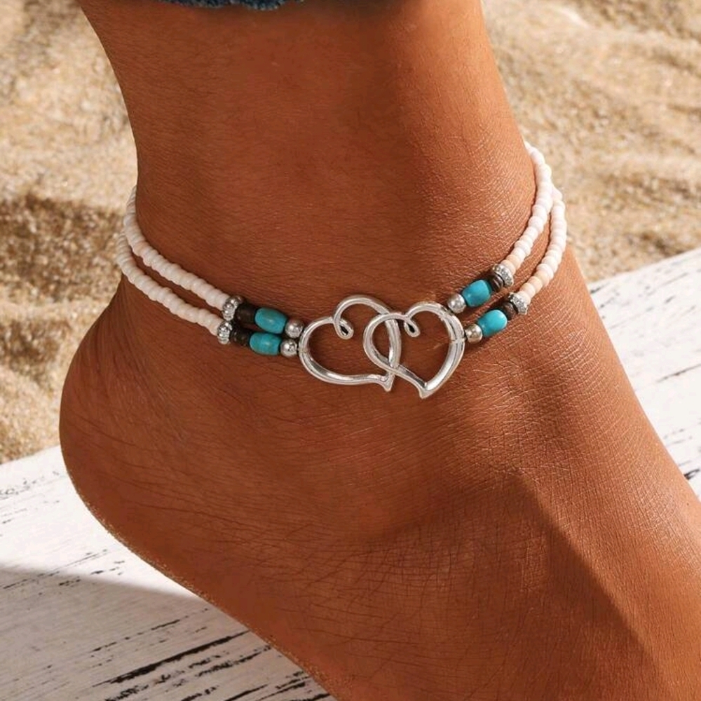 Silver Heart Charm Anklet with White and Turquoise Beads